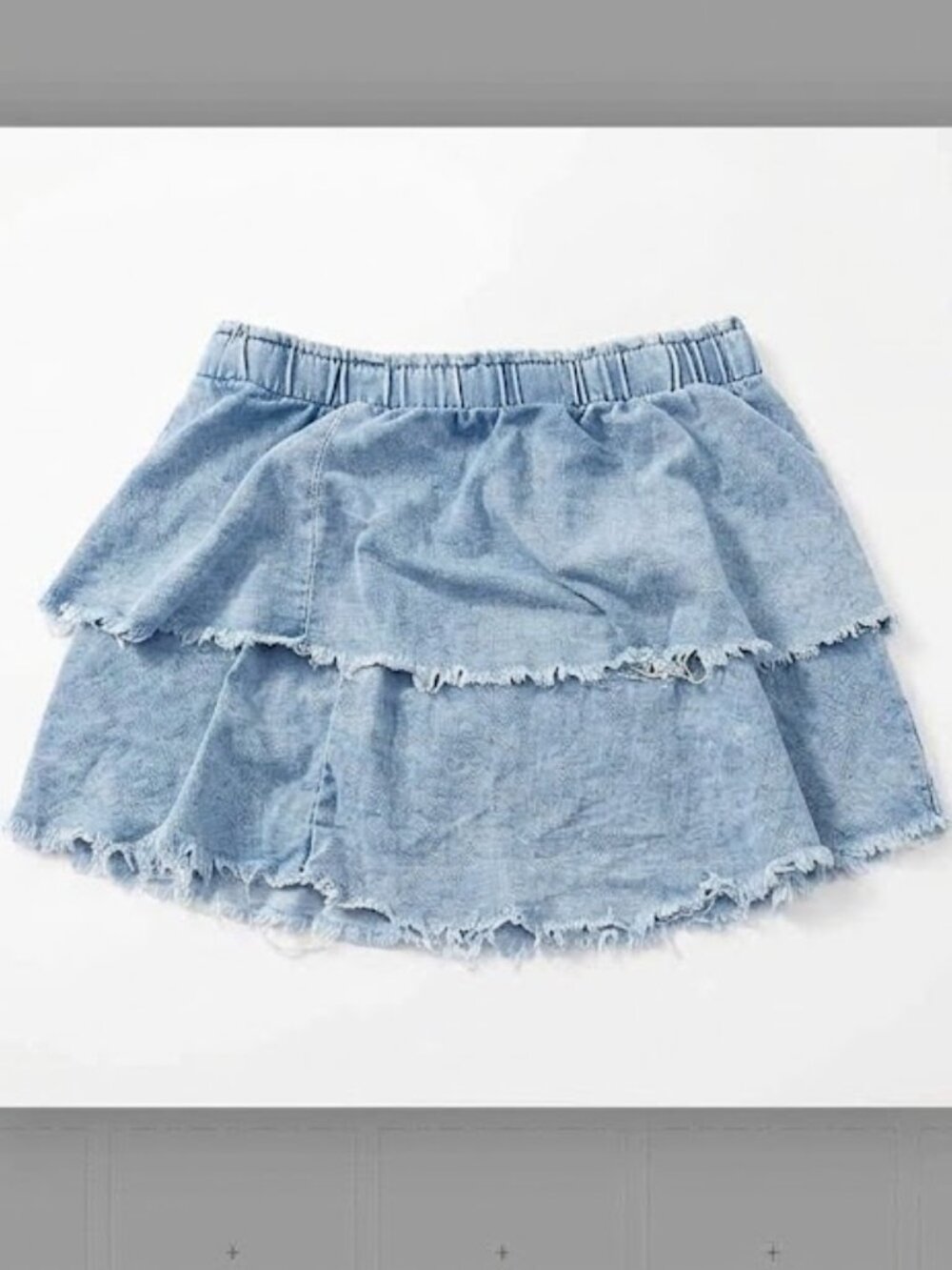 Show Me Your Mumu Tiered Denim Mini Skirt Light Blue Frayed Hem L